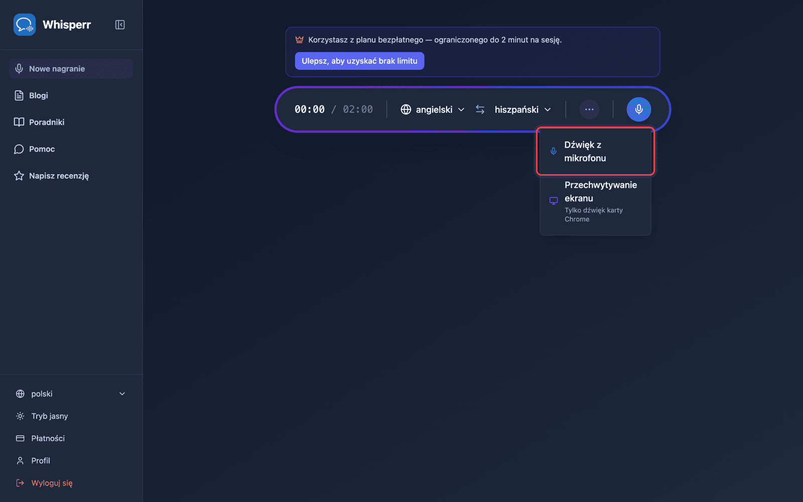 Click the recording button and select Microphone Audio