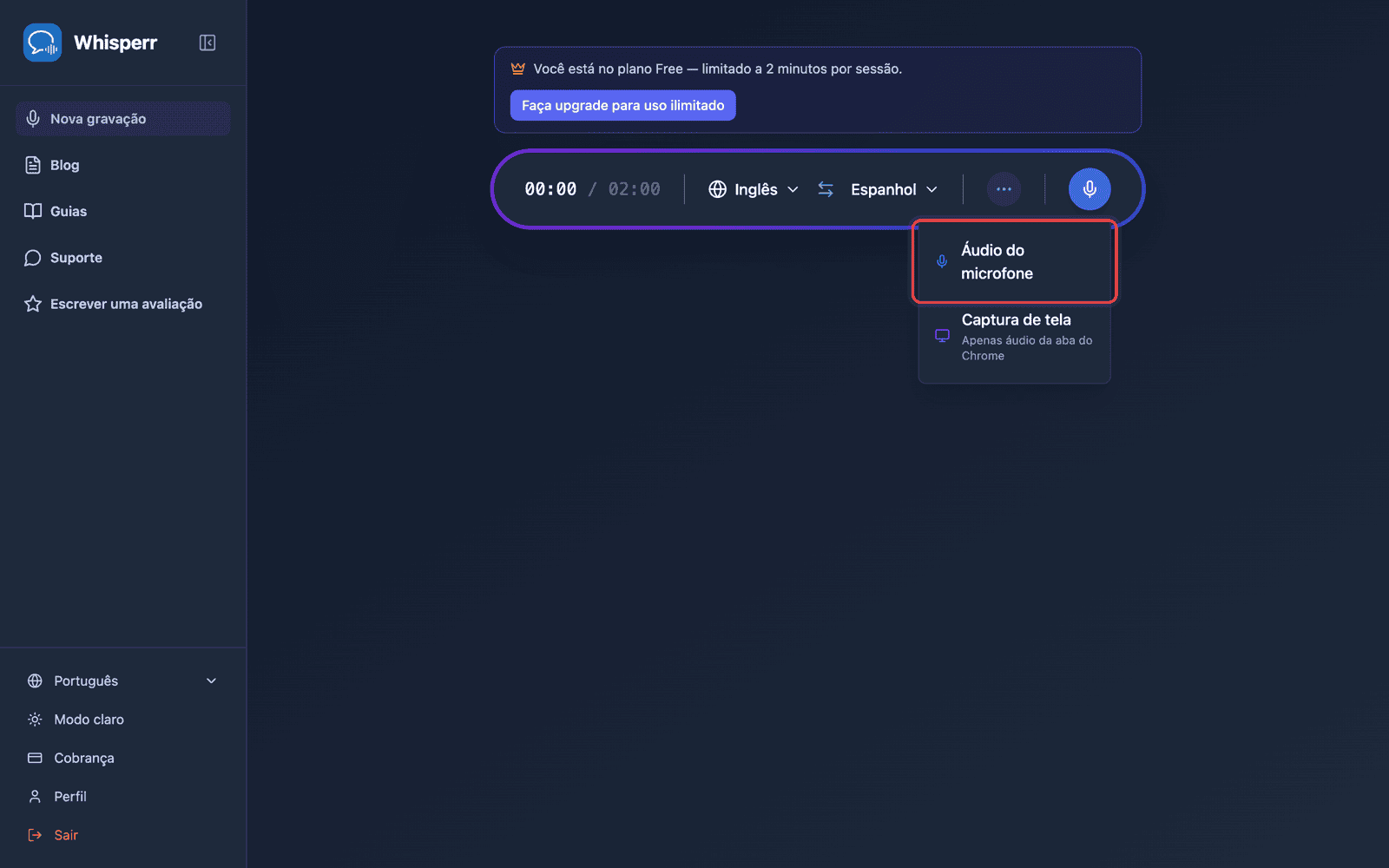 Click the recording button and select Microphone Audio
