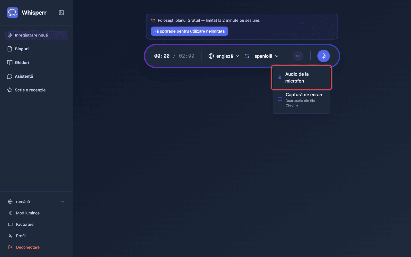 Click the recording button and select Microphone Audio