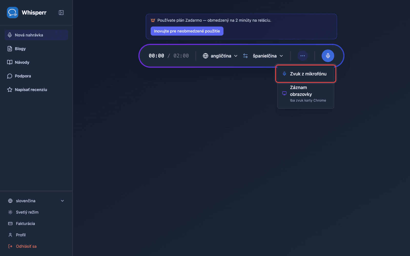 Click the recording button and select Microphone Audio