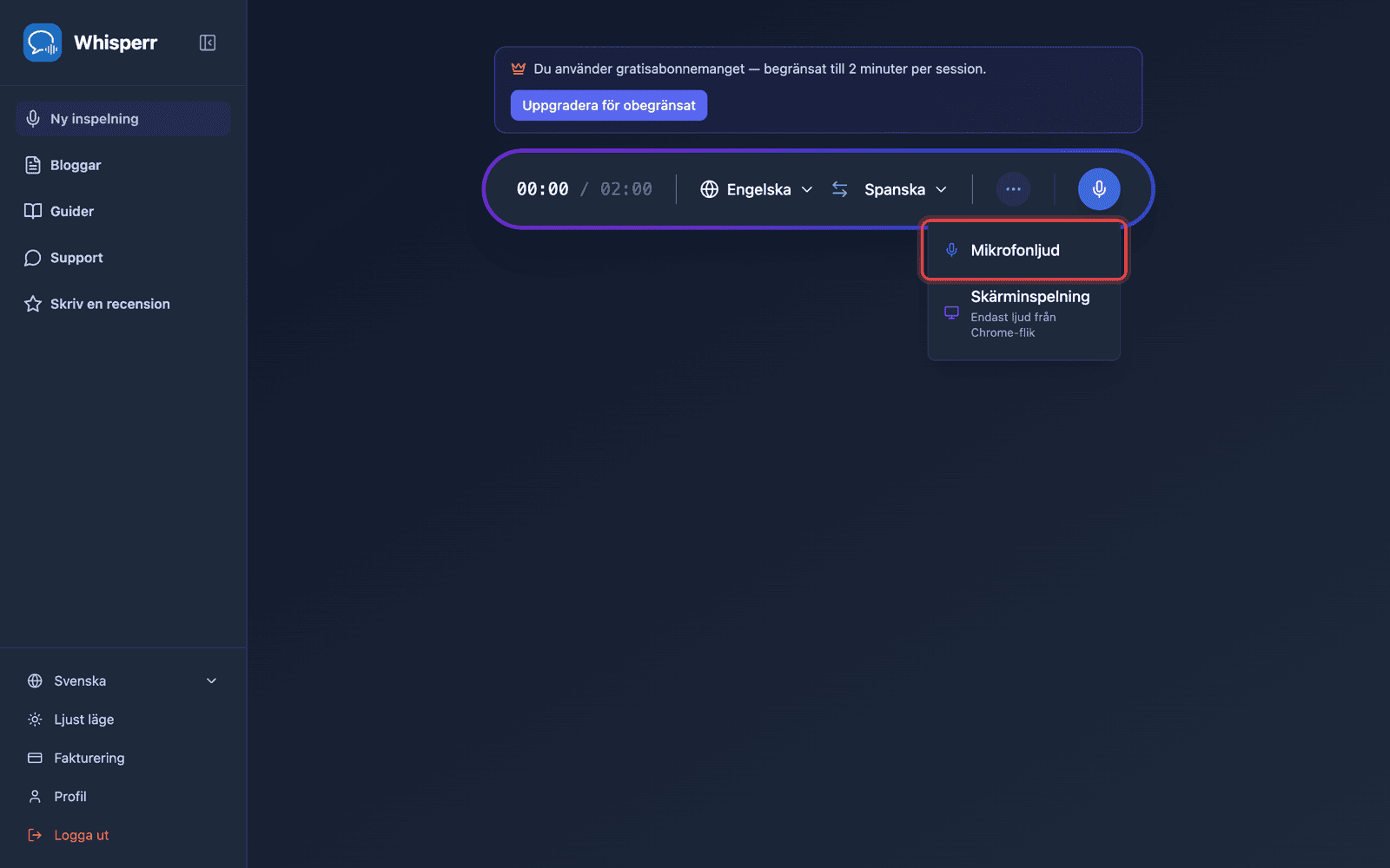 Click the recording button and select Microphone Audio