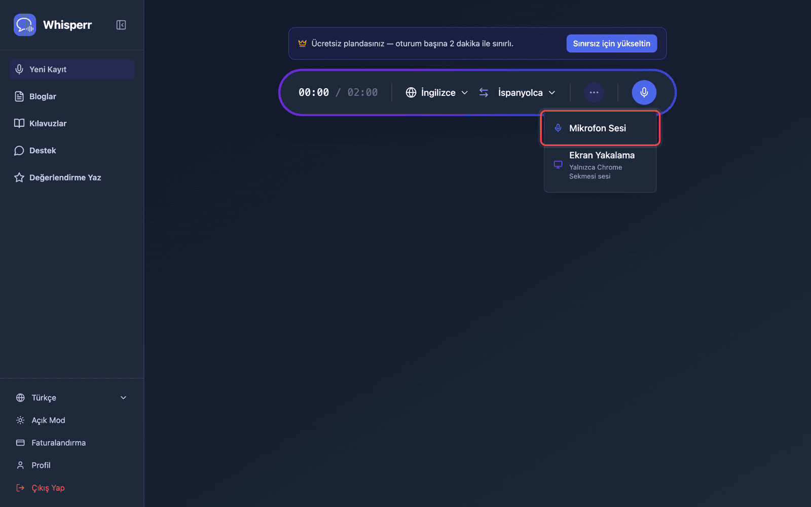 Click the recording button and select Microphone Audio