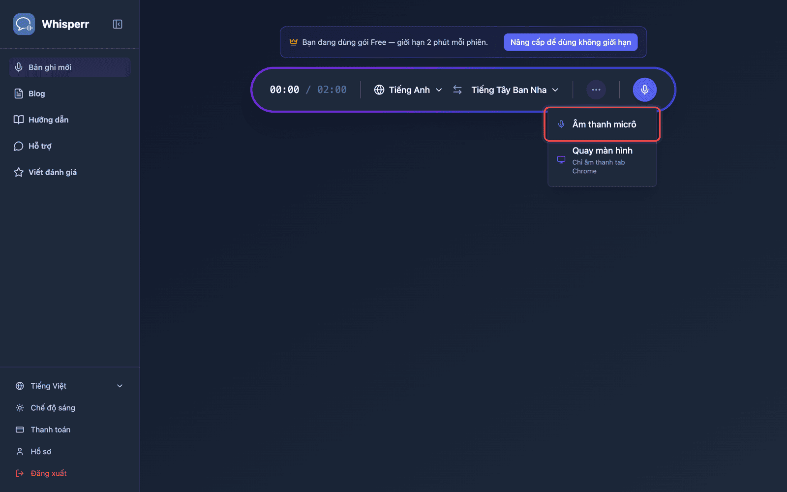 Click the recording button and select Microphone Audio