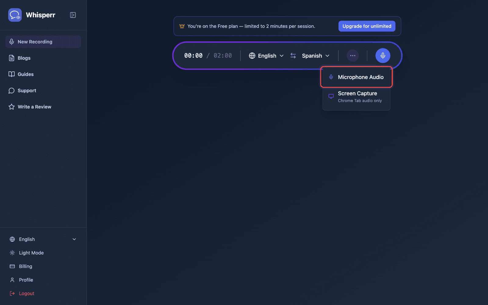 Click the recording button and select Microphone Audio