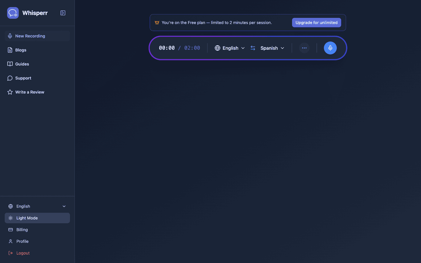 The Whisperr Web App open at app.whisperr.co