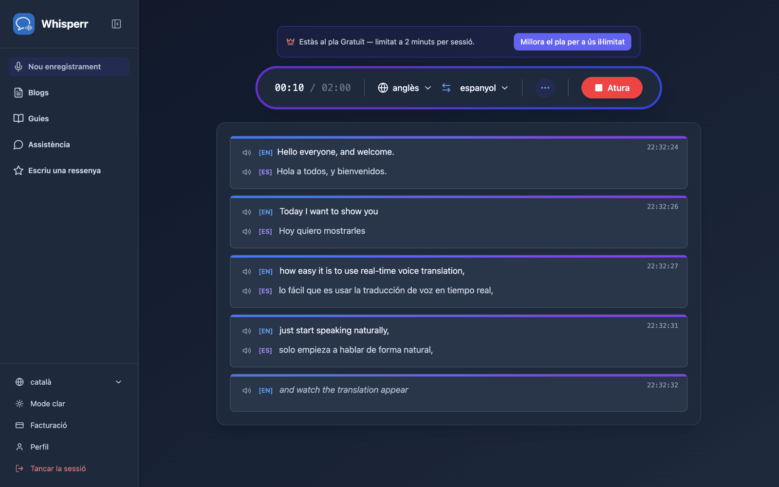 Live transcription and translation appearing on screen while speaking