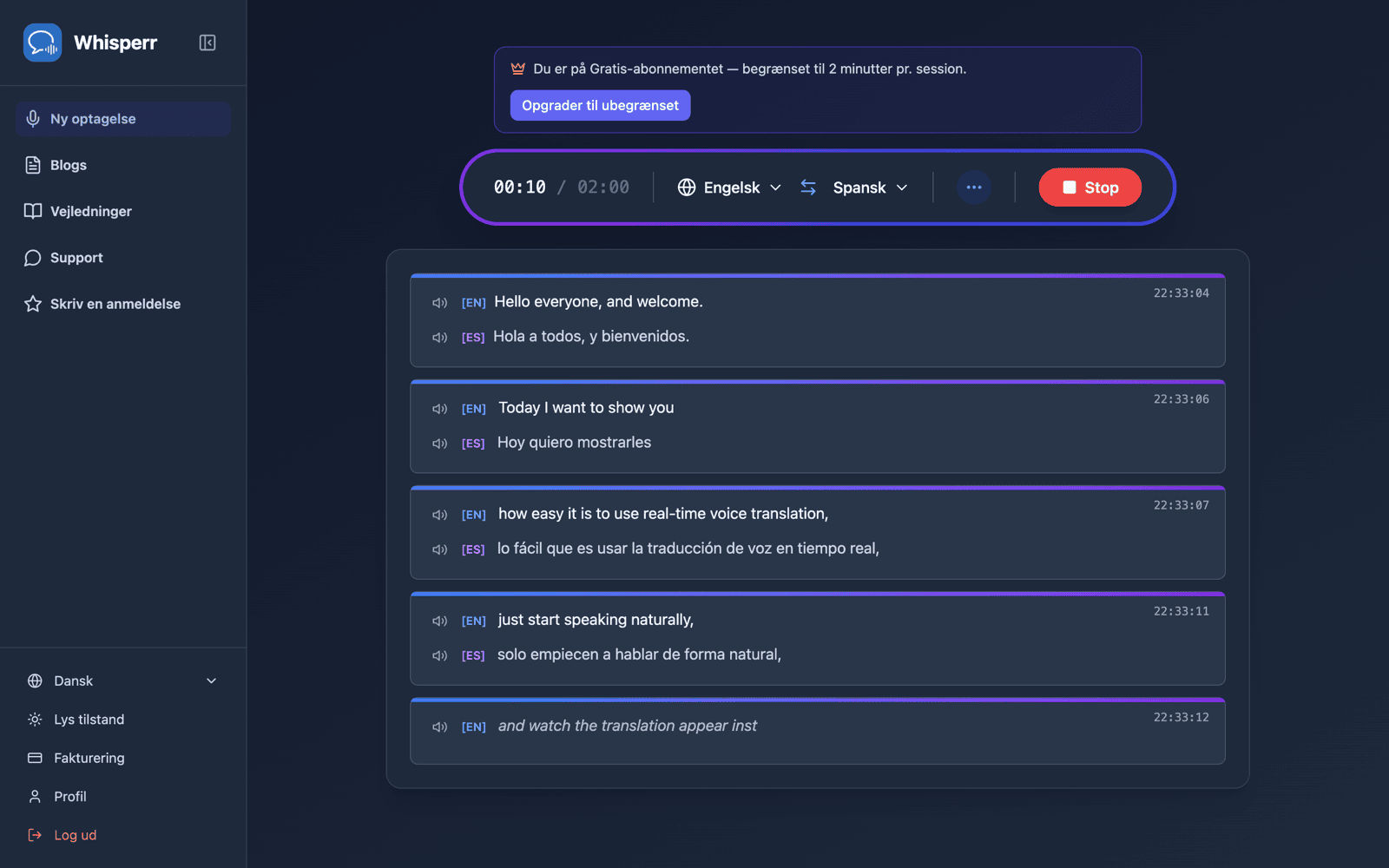 Live transcription and translation appearing on screen while speaking