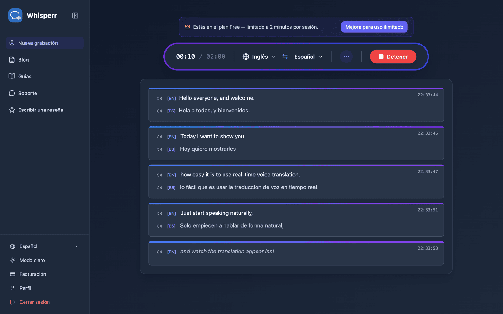 Live transcription and translation appearing on screen while speaking