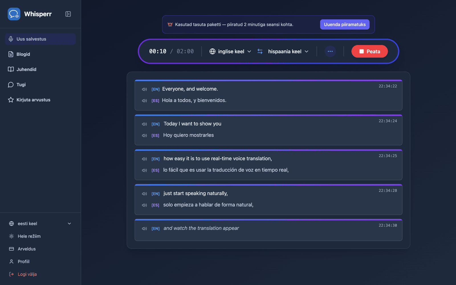 Live transcription and translation appearing on screen while speaking