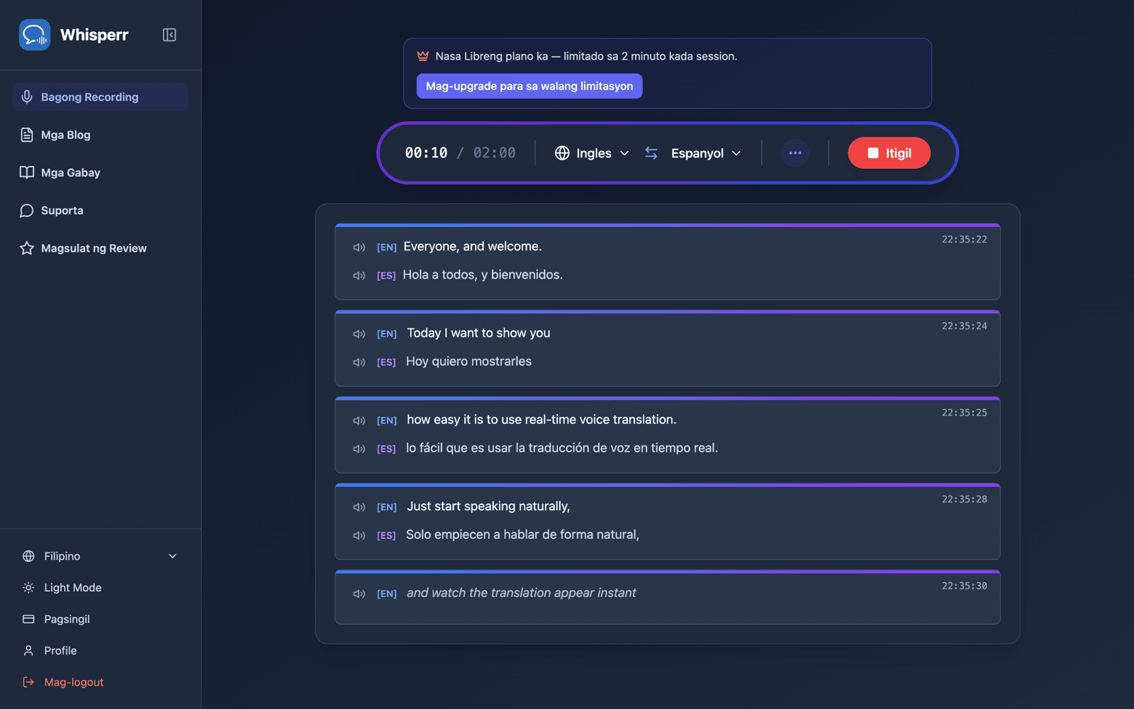 Live transcription and translation appearing on screen while speaking