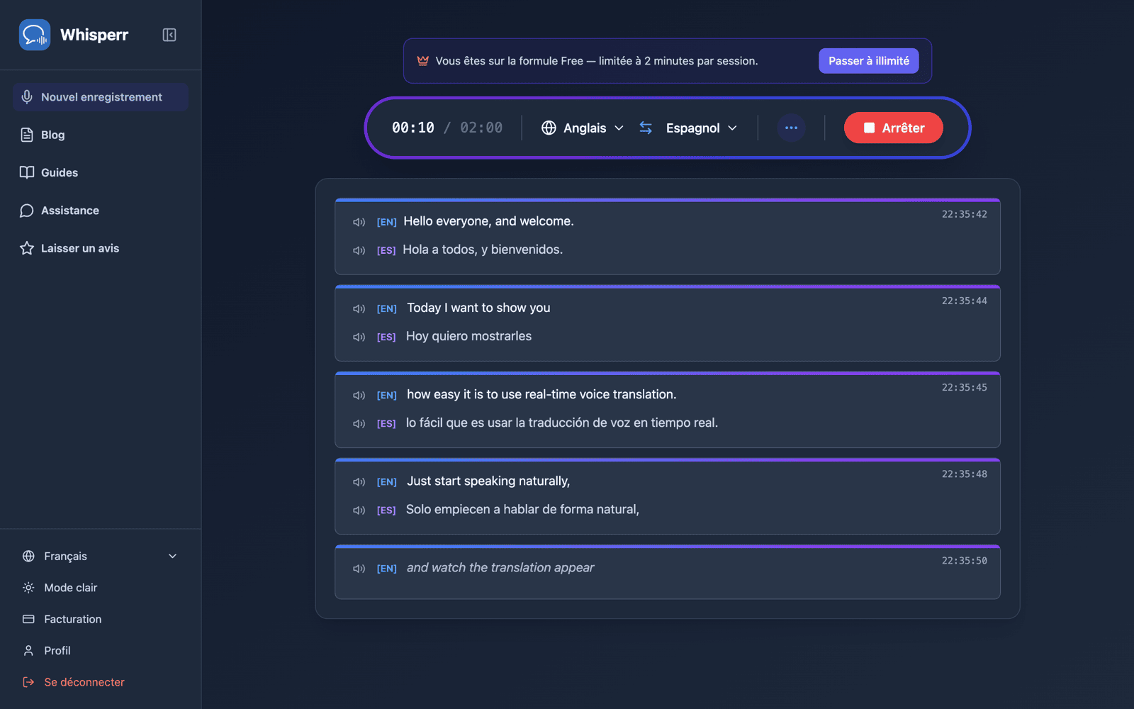 Live transcription and translation appearing on screen while speaking