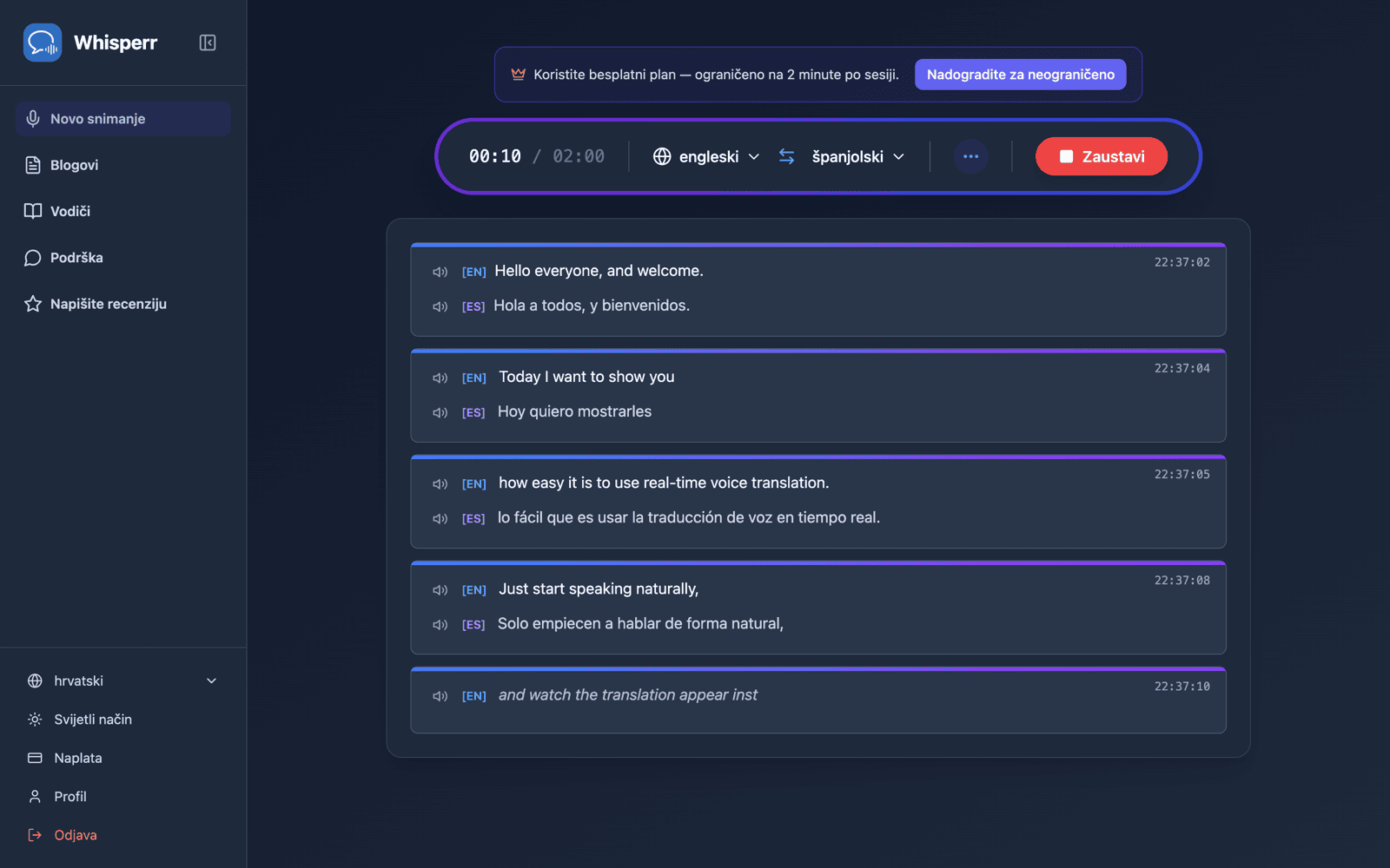 Live transcription and translation appearing on screen while speaking