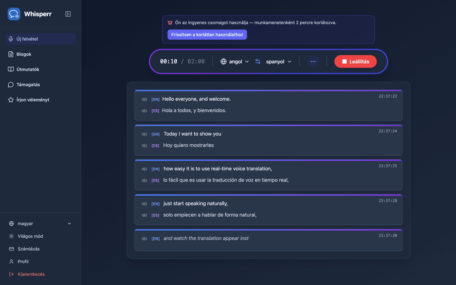 Live transcription and translation appearing on screen while speaking