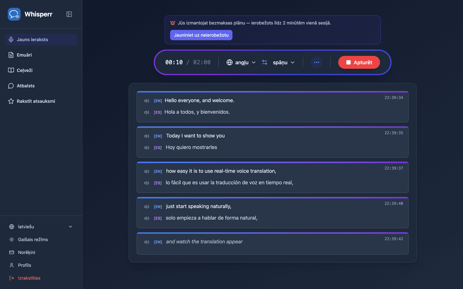 Live transcription and translation appearing on screen while speaking
