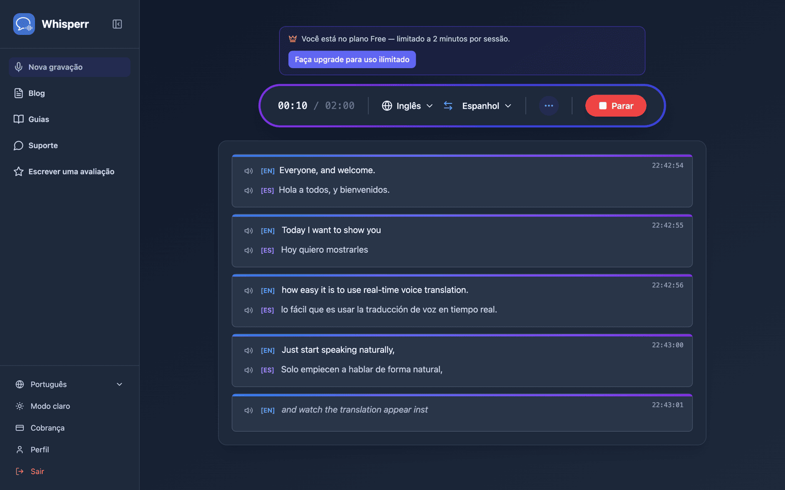 Live transcription and translation appearing on screen while speaking