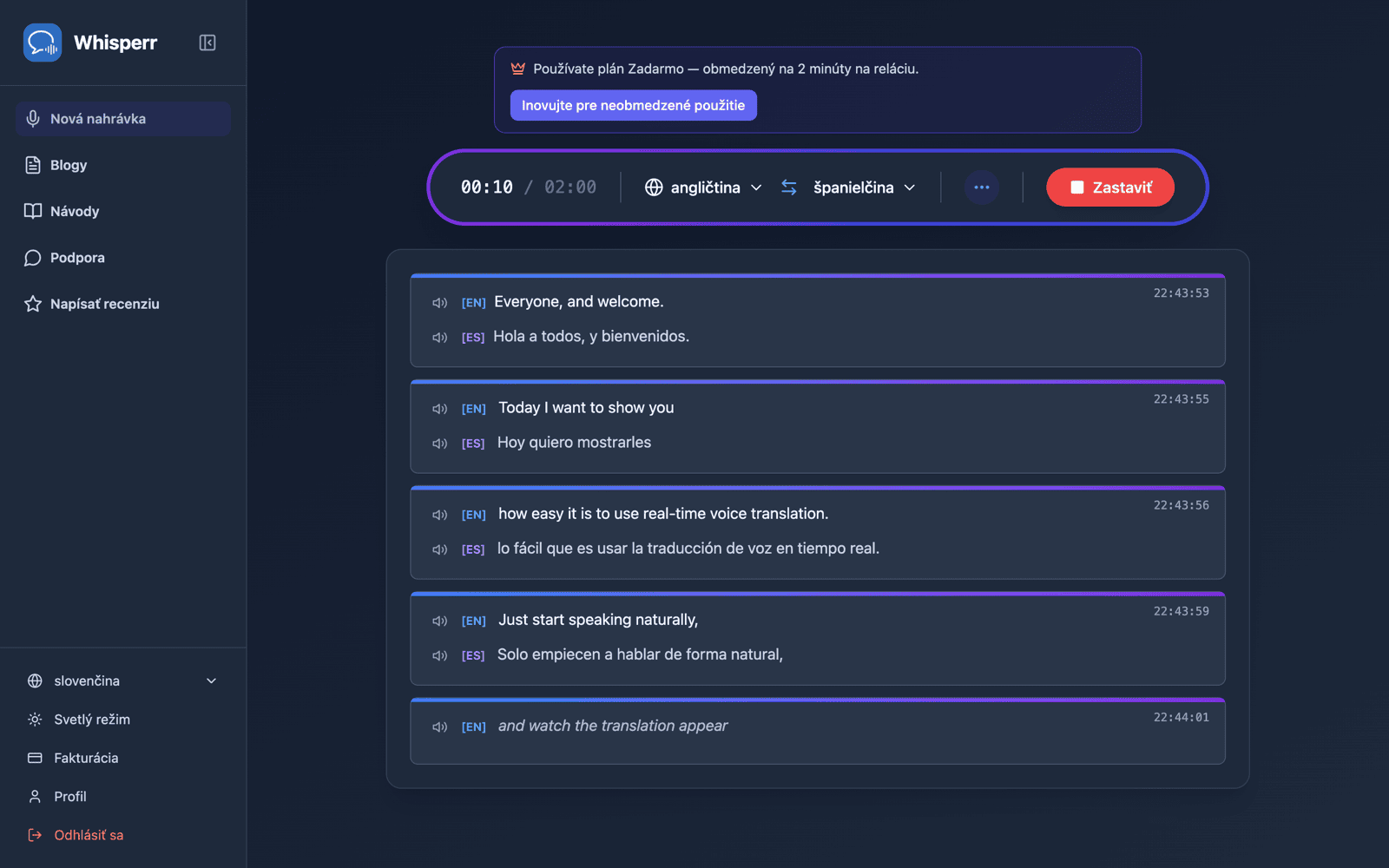 Live transcription and translation appearing on screen while speaking