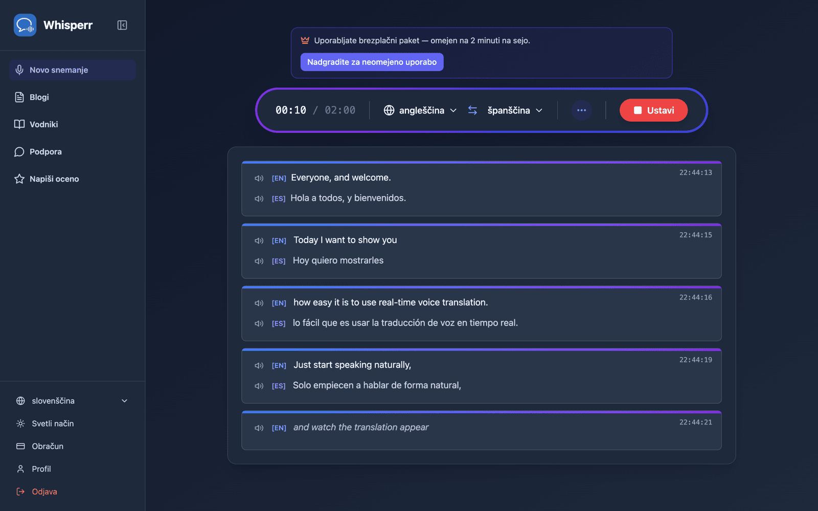 Live transcription and translation appearing on screen while speaking