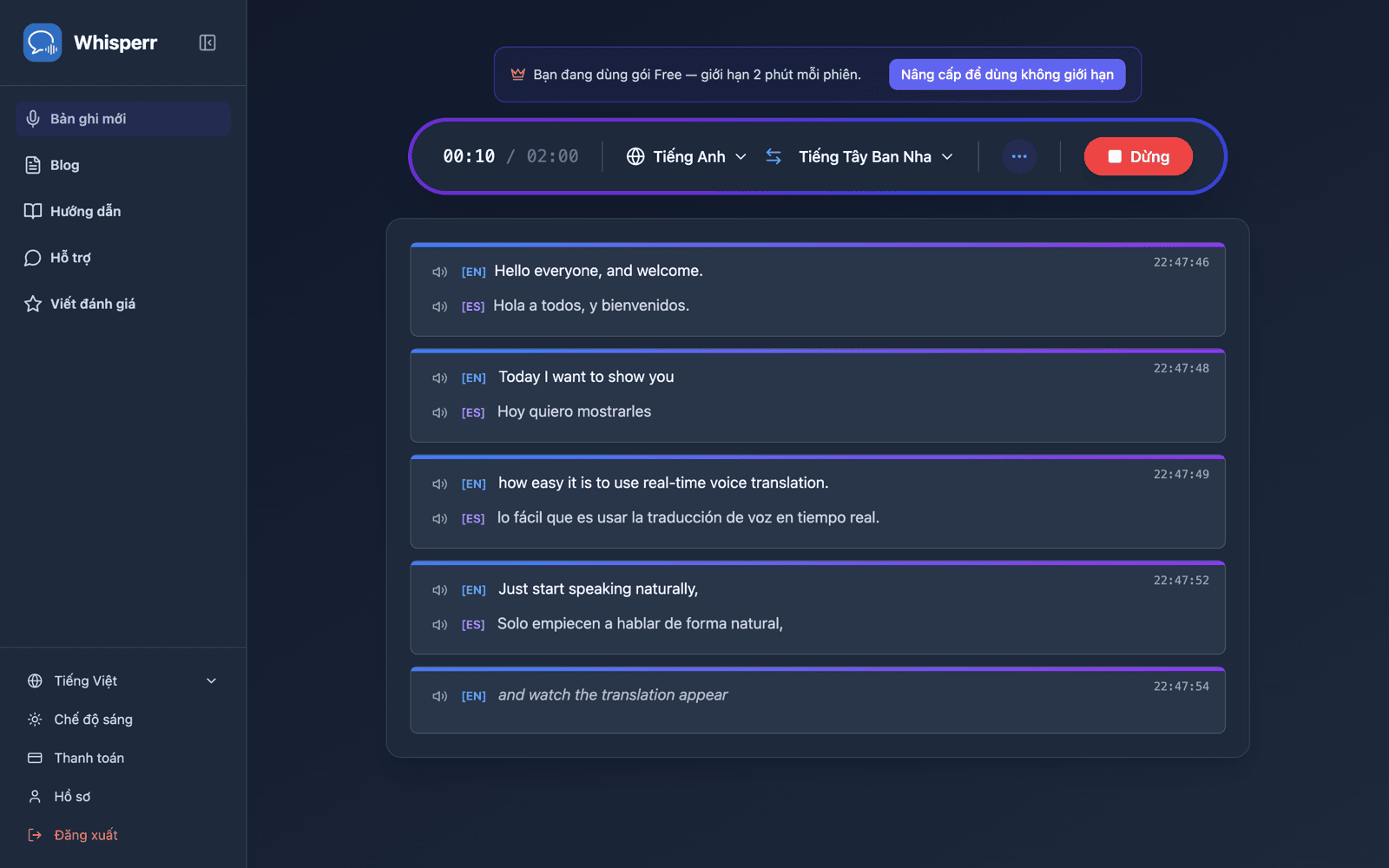 Live transcription and translation appearing on screen while speaking