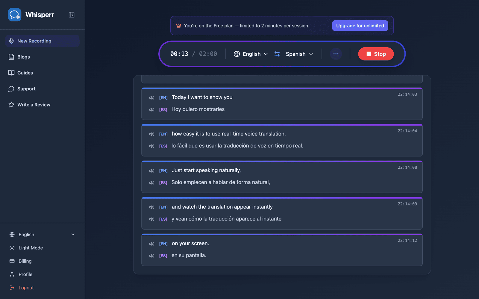 Live transcription and translation appearing on screen while speaking