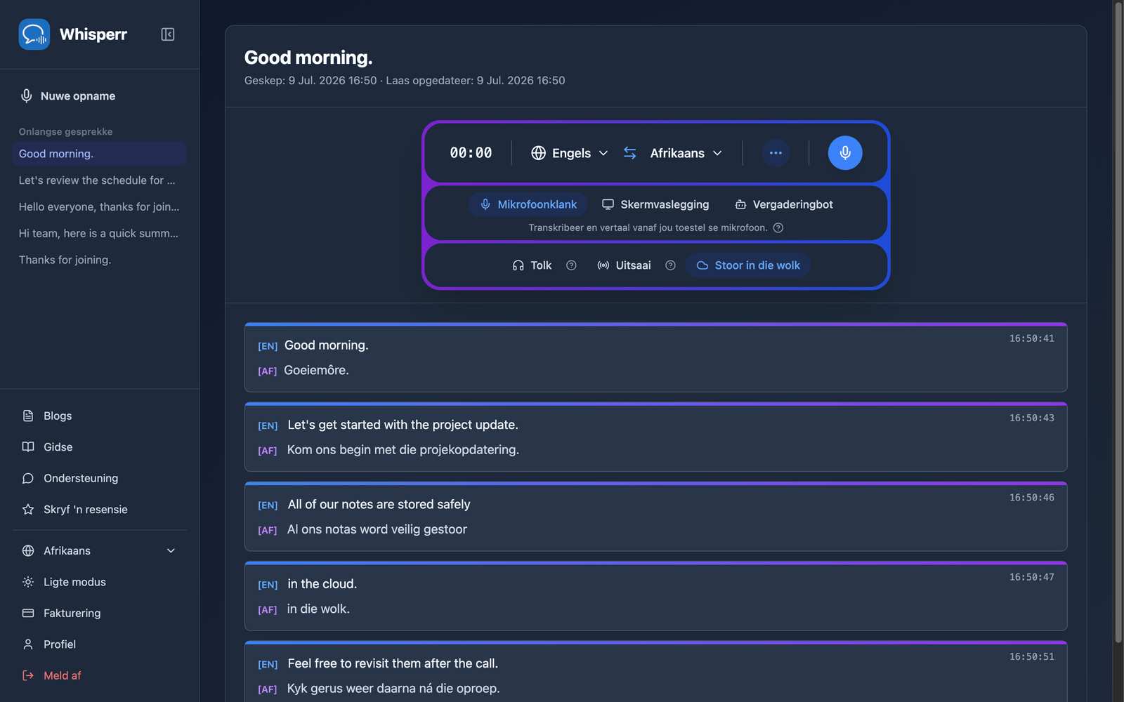 A saved conversation reopened in the Whisperr Web App showing the stored transcript and translations