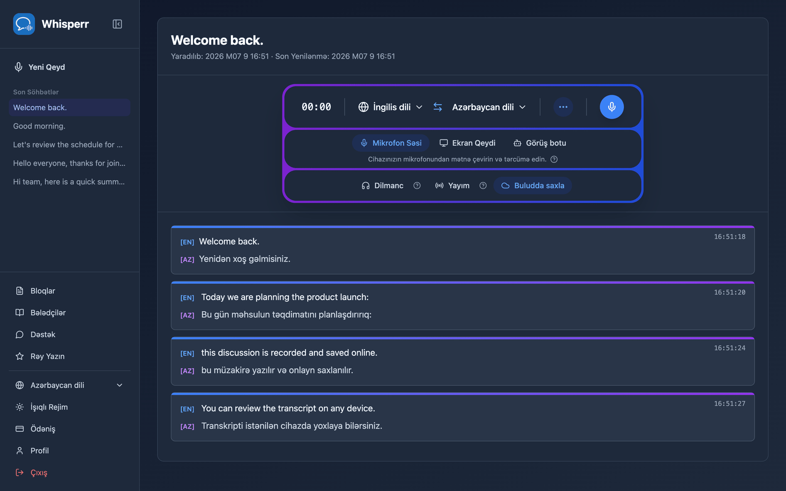 A saved conversation reopened in the Whisperr Web App showing the stored transcript and translations