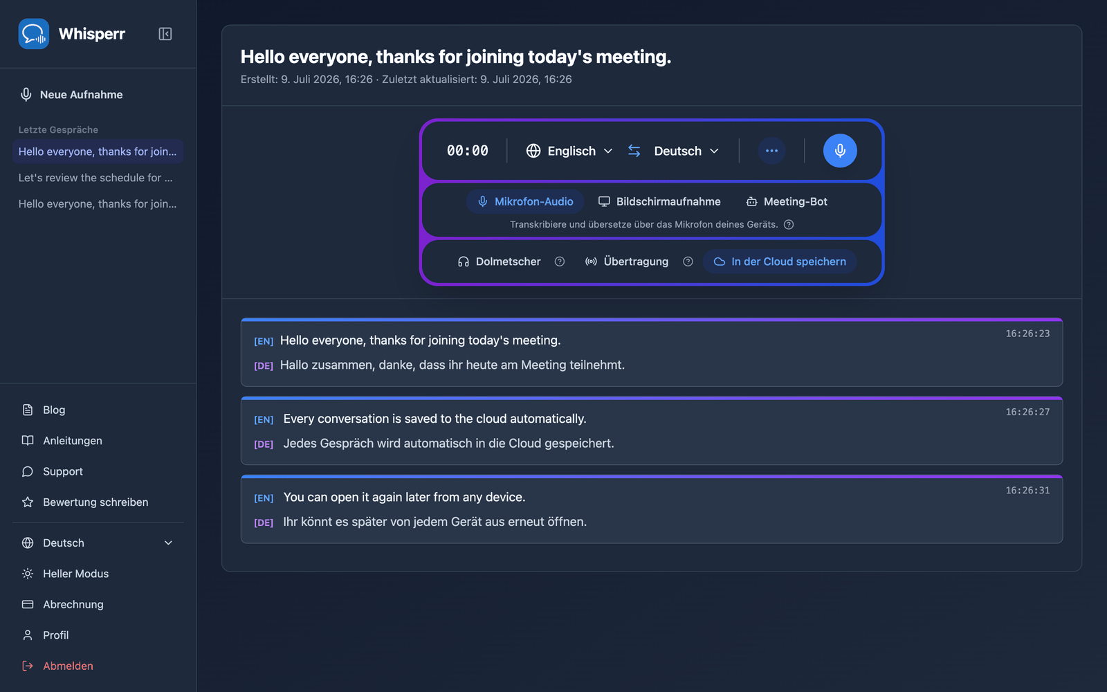 A saved conversation reopened in the Whisperr Web App showing the stored transcript and translations