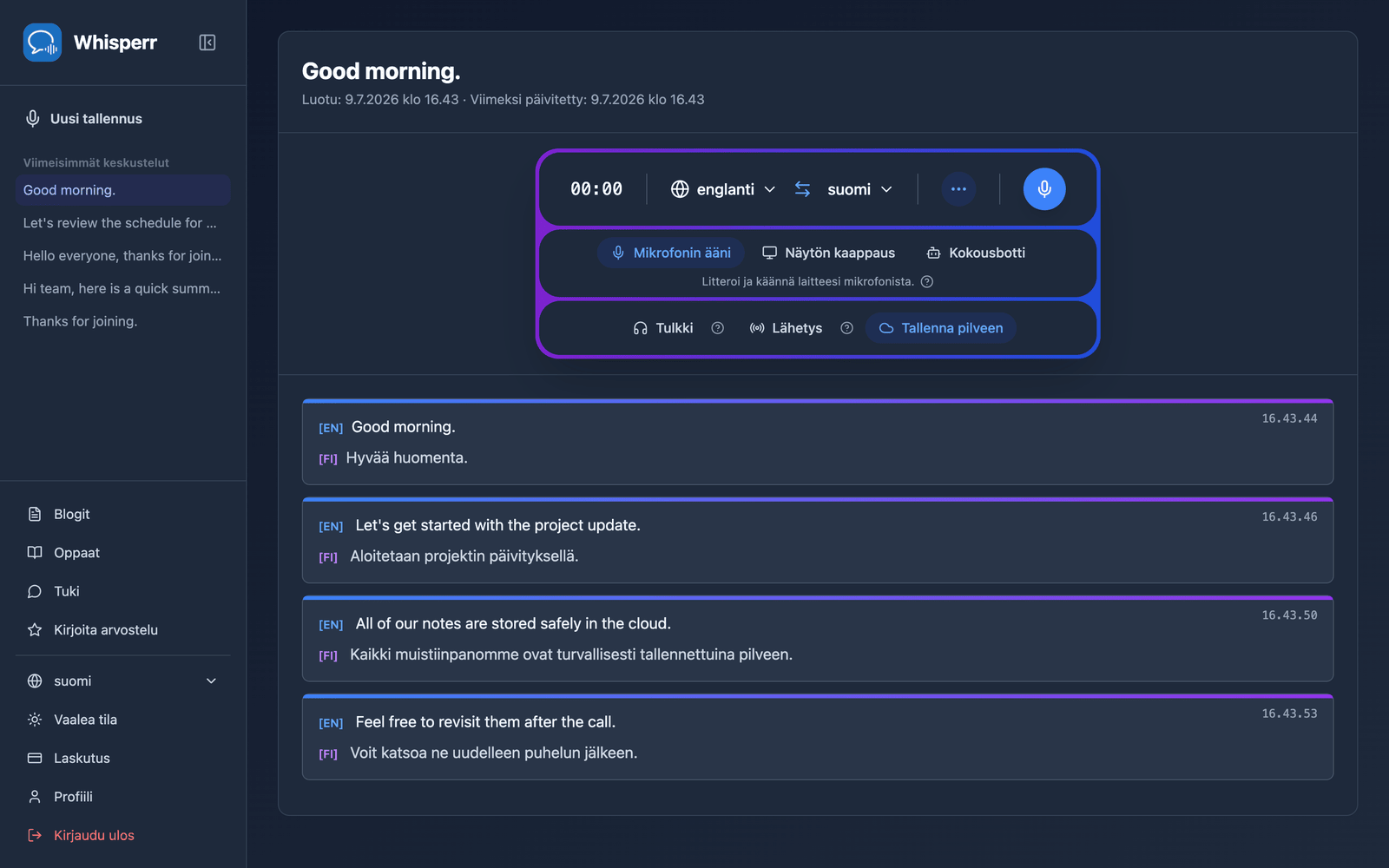 A saved conversation reopened in the Whisperr Web App showing the stored transcript and translations
