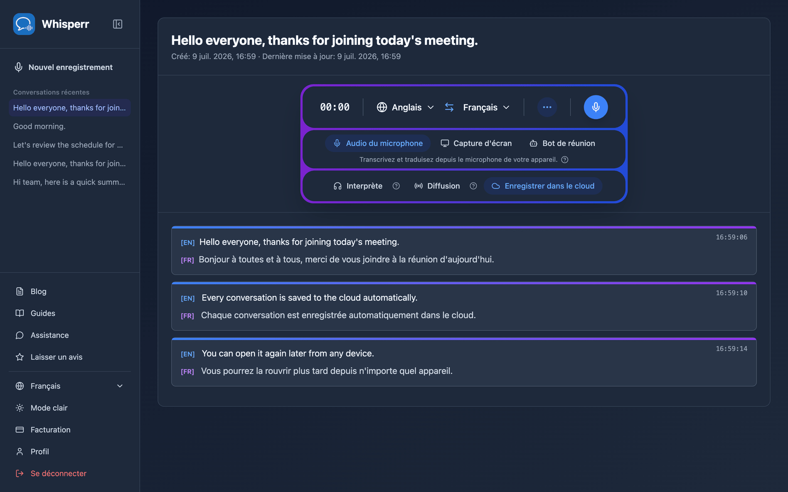 A saved conversation reopened in the Whisperr Web App showing the stored transcript and translations