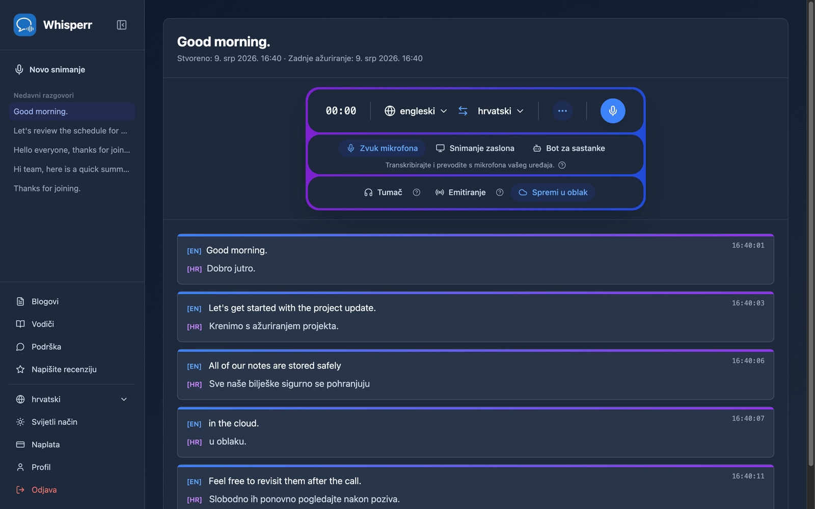 A saved conversation reopened in the Whisperr Web App showing the stored transcript and translations