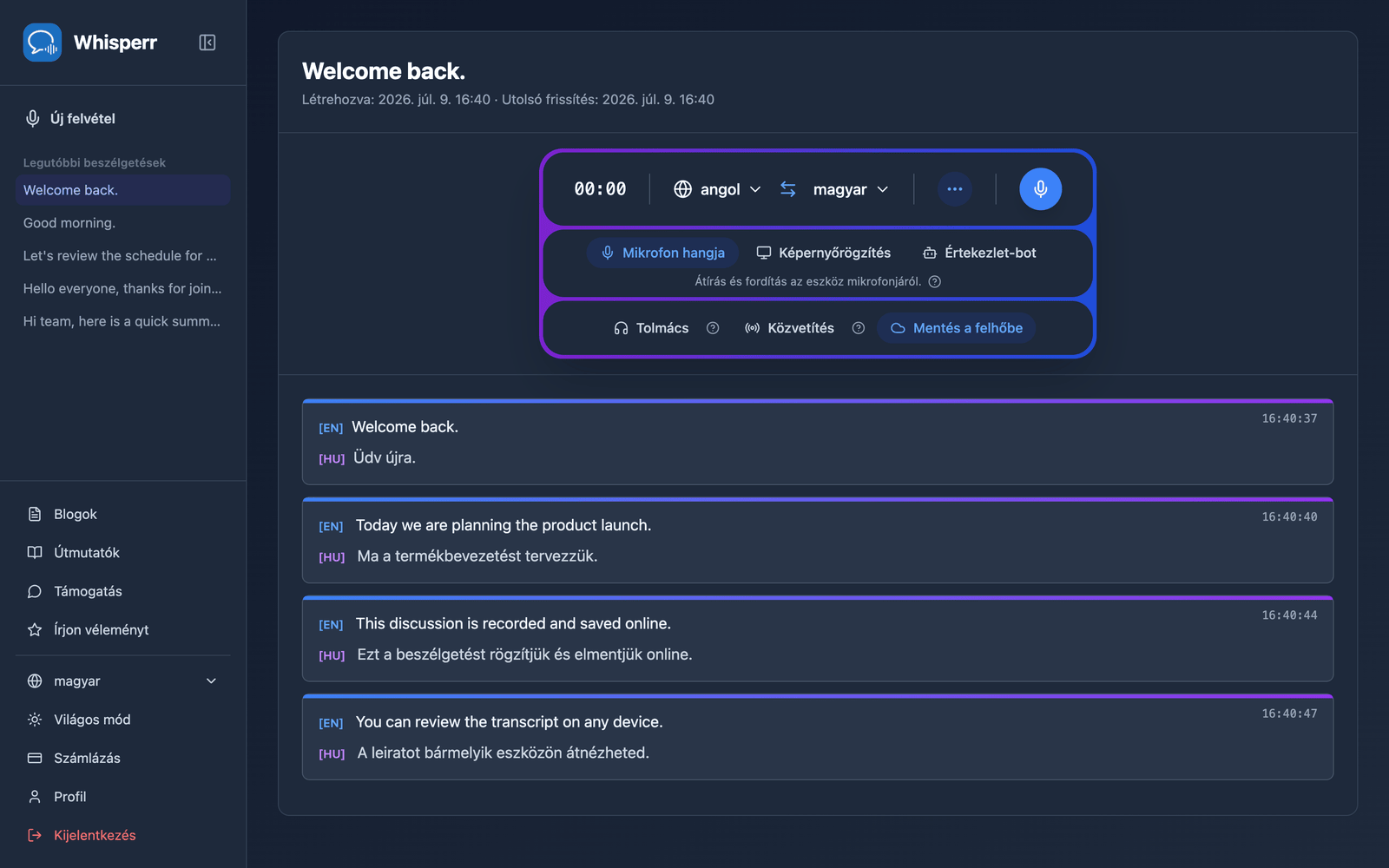 A saved conversation reopened in the Whisperr Web App showing the stored transcript and translations