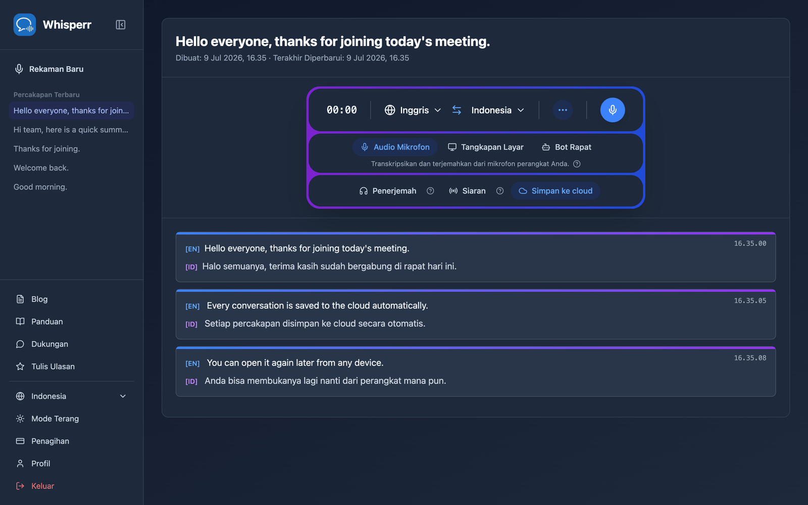 A saved conversation reopened in the Whisperr Web App showing the stored transcript and translations