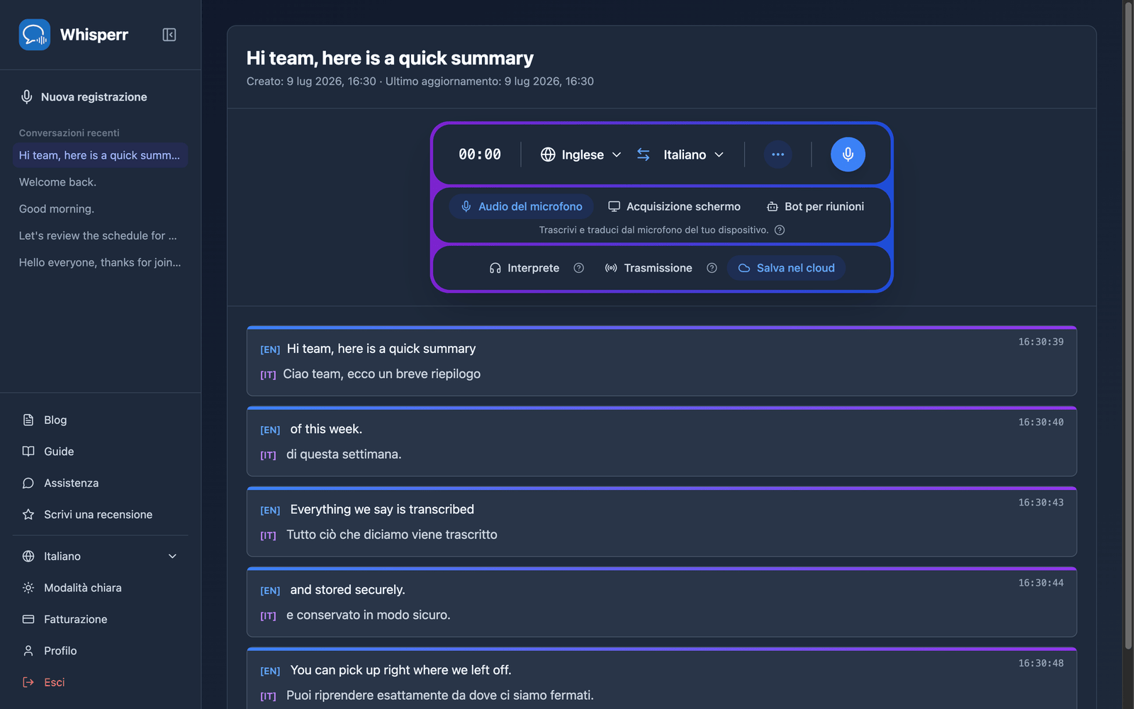 A saved conversation reopened in the Whisperr Web App showing the stored transcript and translations