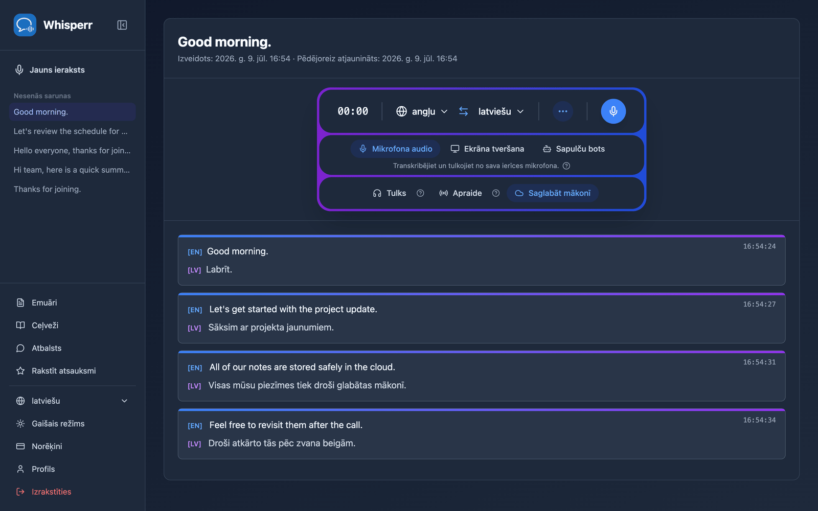 A saved conversation reopened in the Whisperr Web App showing the stored transcript and translations
