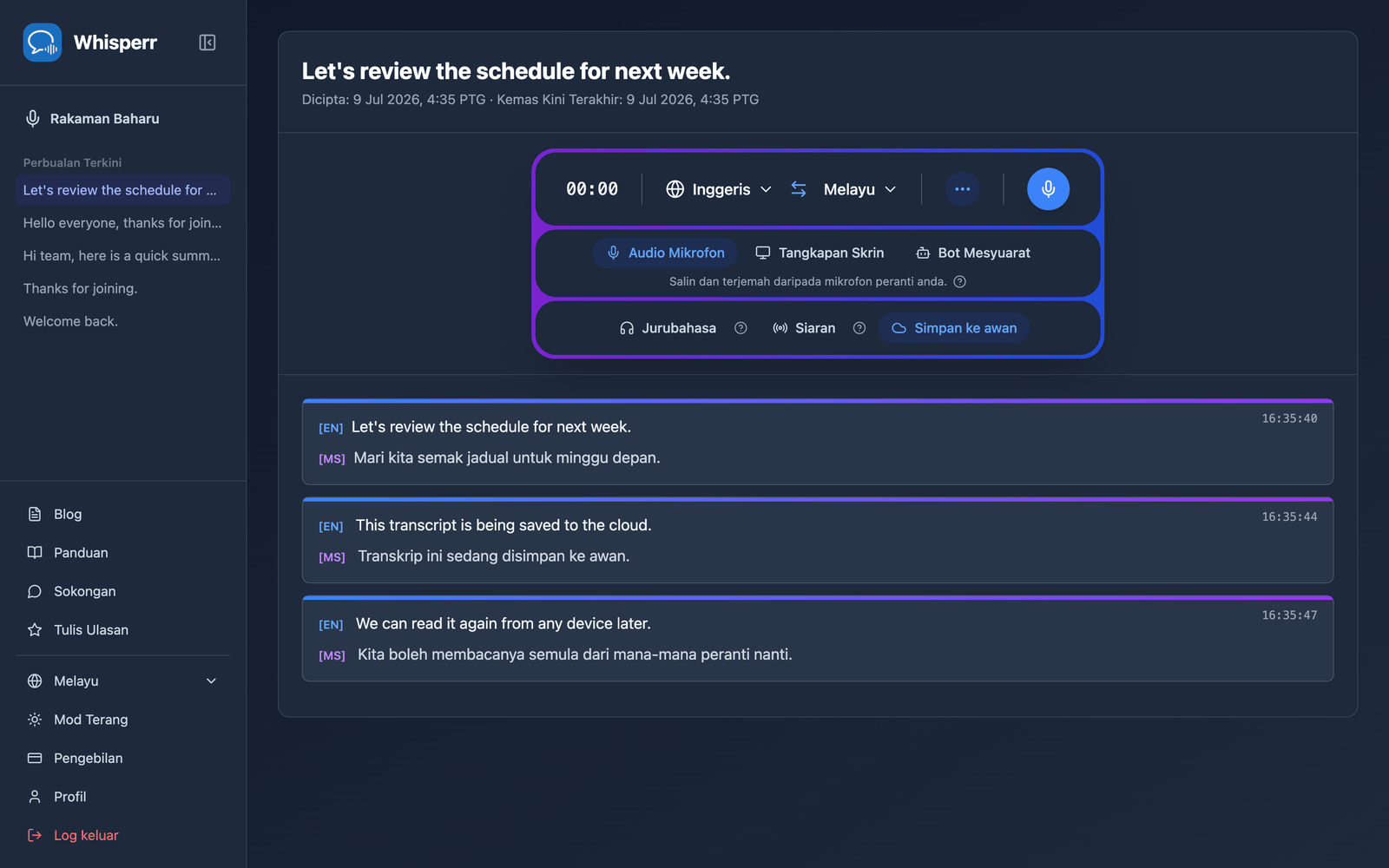 A saved conversation reopened in the Whisperr Web App showing the stored transcript and translations