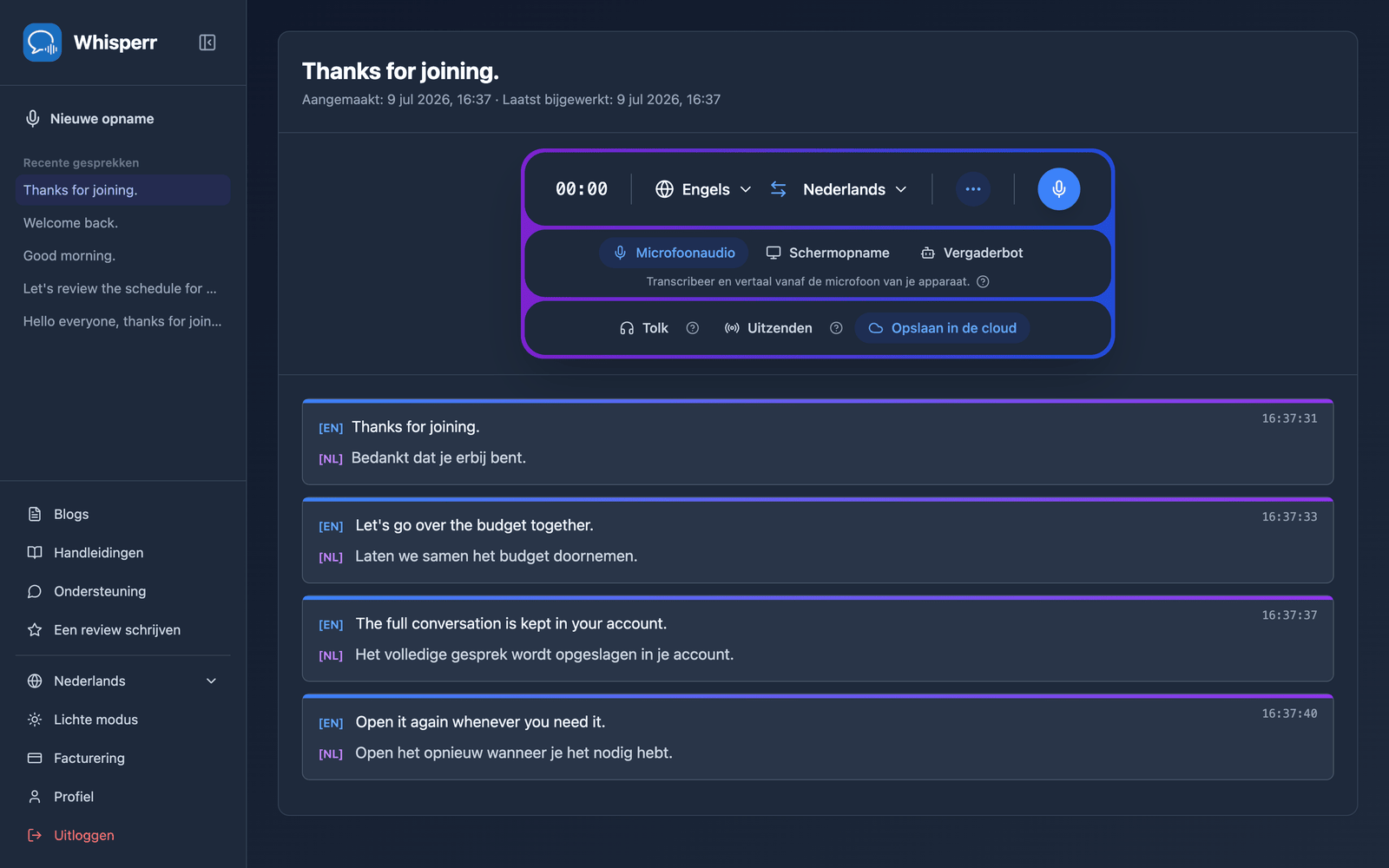 A saved conversation reopened in the Whisperr Web App showing the stored transcript and translations