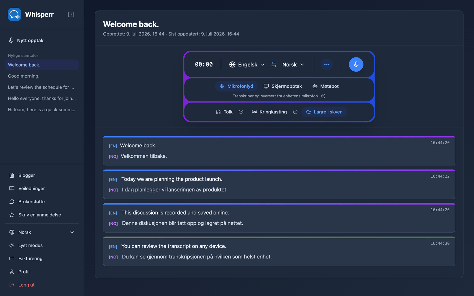A saved conversation reopened in the Whisperr Web App showing the stored transcript and translations