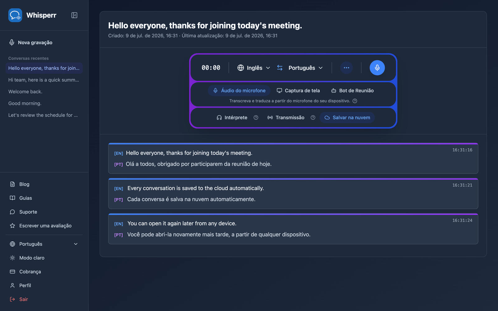 A saved conversation reopened in the Whisperr Web App showing the stored transcript and translations