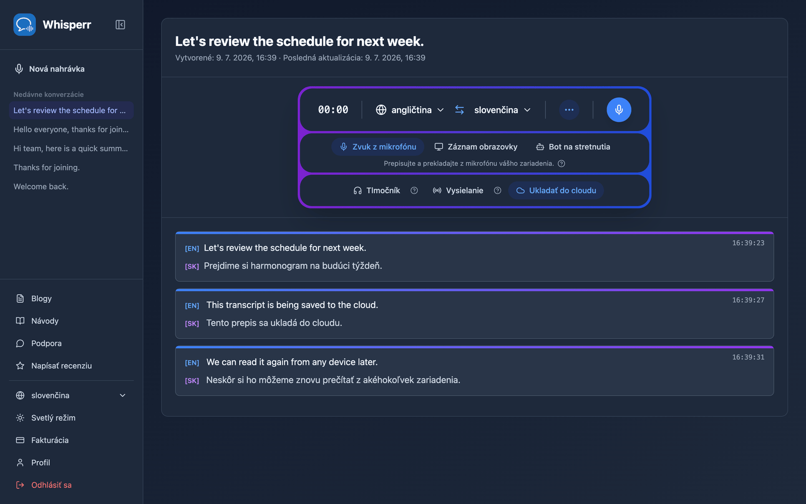 A saved conversation reopened in the Whisperr Web App showing the stored transcript and translations