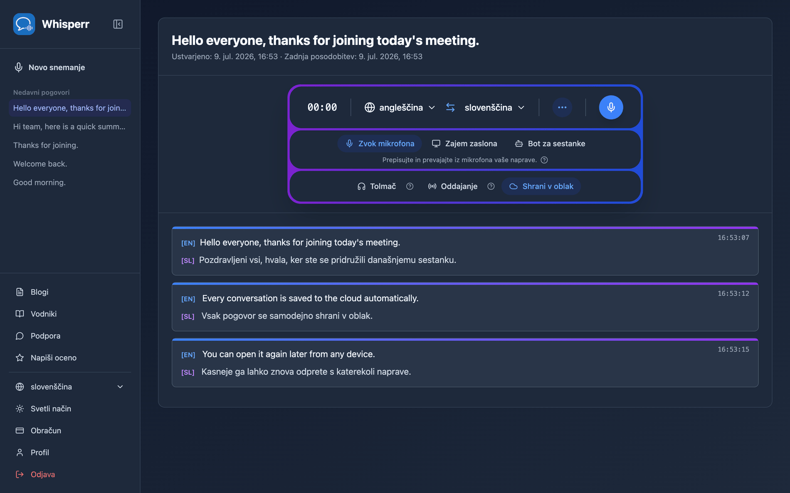 A saved conversation reopened in the Whisperr Web App showing the stored transcript and translations