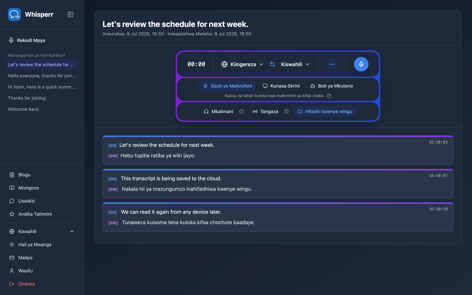 A saved conversation reopened in the Whisperr Web App showing the stored transcript and translations