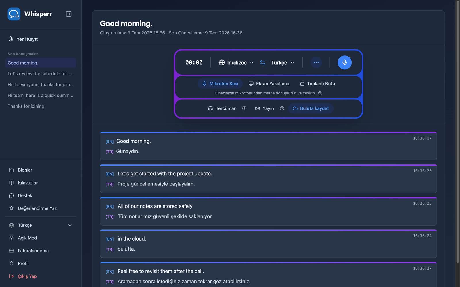 A saved conversation reopened in the Whisperr Web App showing the stored transcript and translations