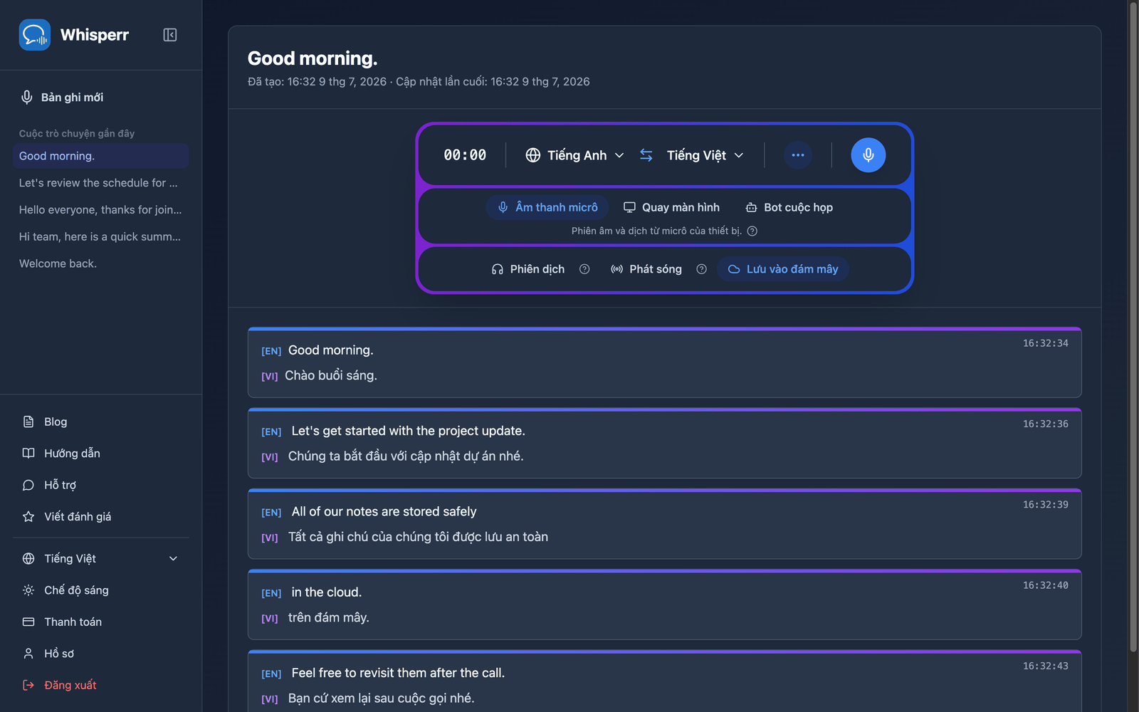 A saved conversation reopened in the Whisperr Web App showing the stored transcript and translations