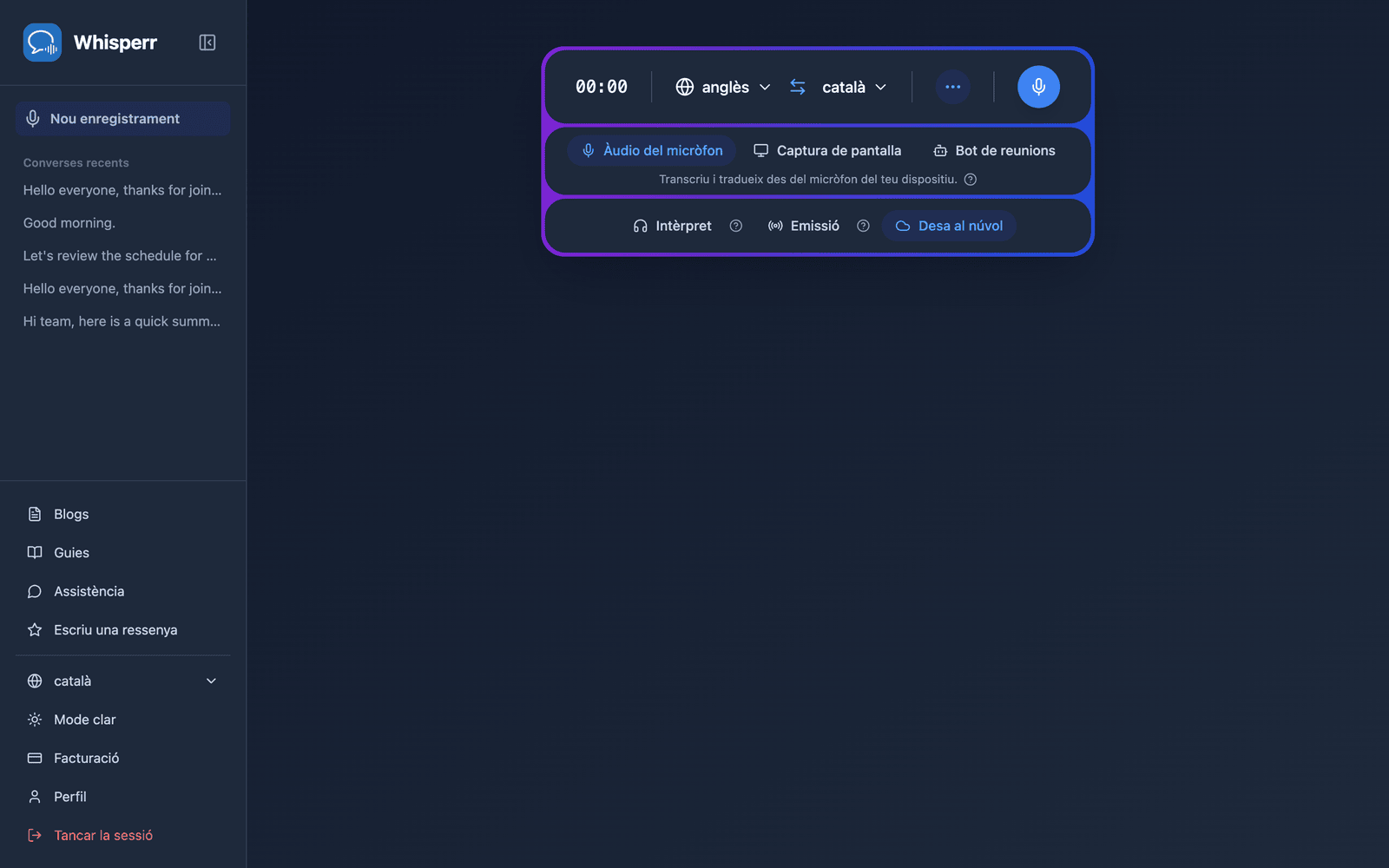 The Whisperr Web App open at app.whisperr.co showing the recording bar