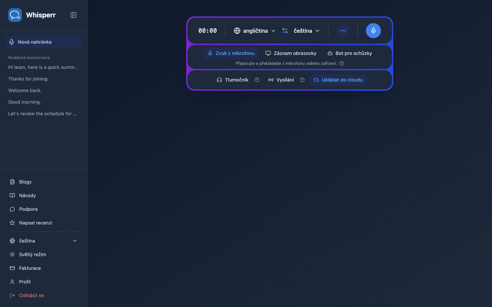 The Whisperr Web App open at app.whisperr.co showing the recording bar