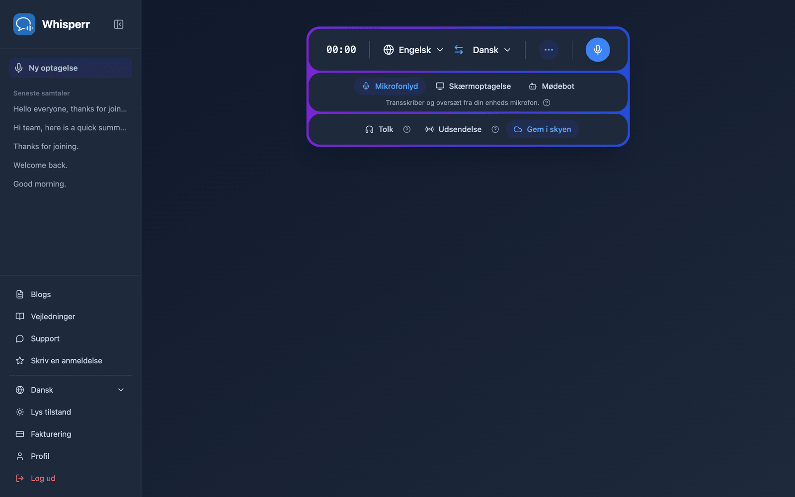 The Whisperr Web App open at app.whisperr.co showing the recording bar