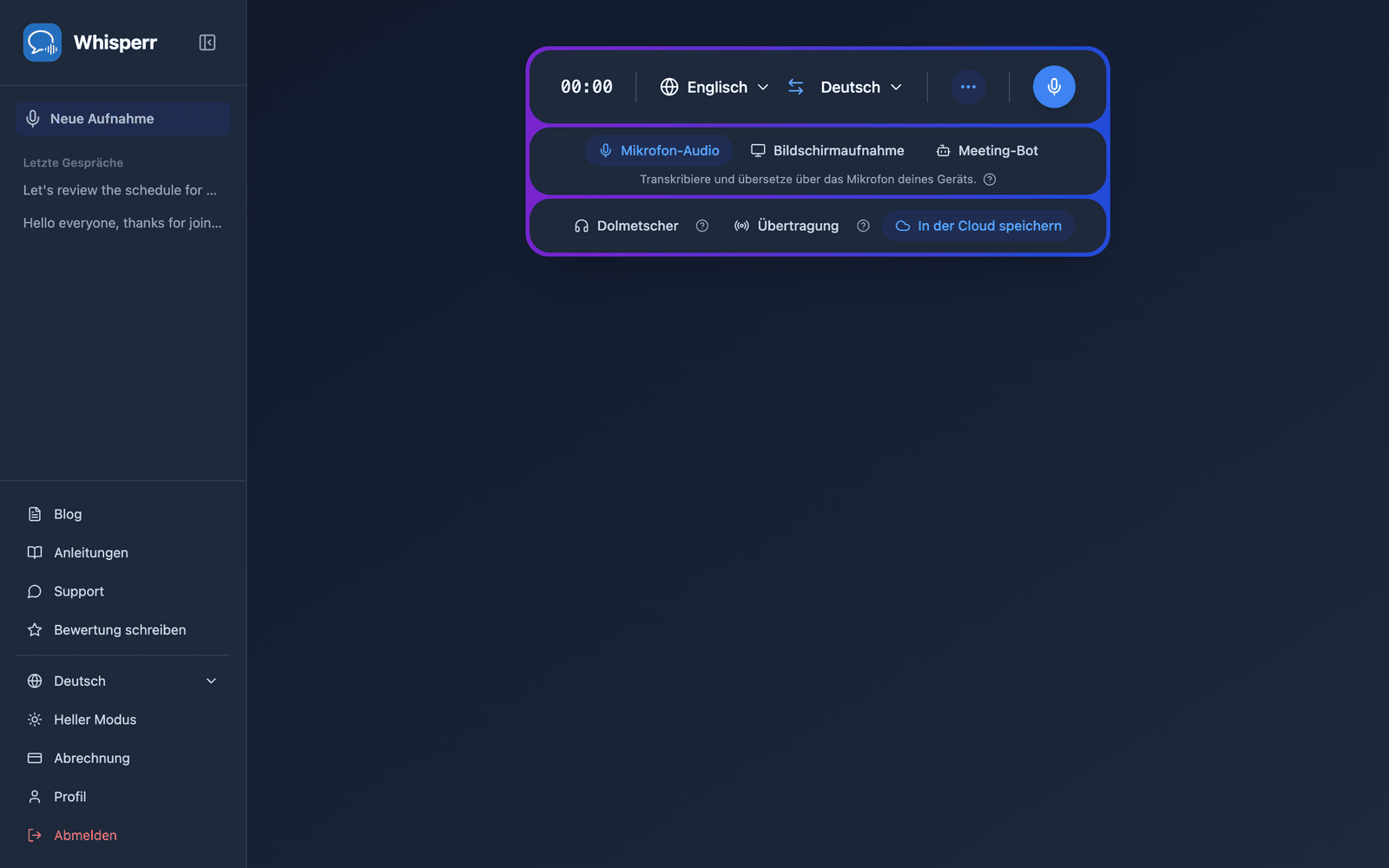 The Whisperr Web App open at app.whisperr.co showing the recording bar