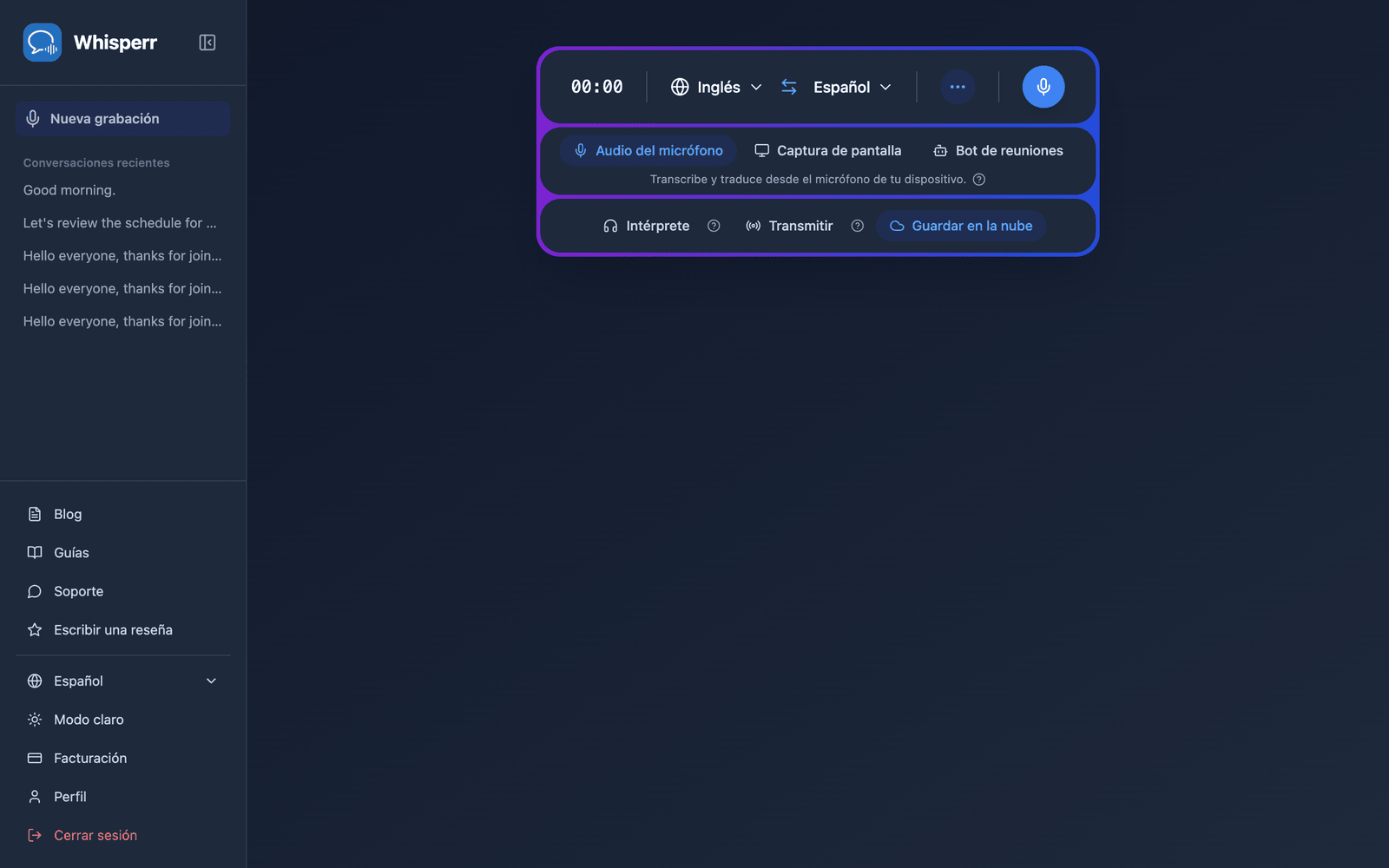 The Whisperr Web App open at app.whisperr.co showing the recording bar