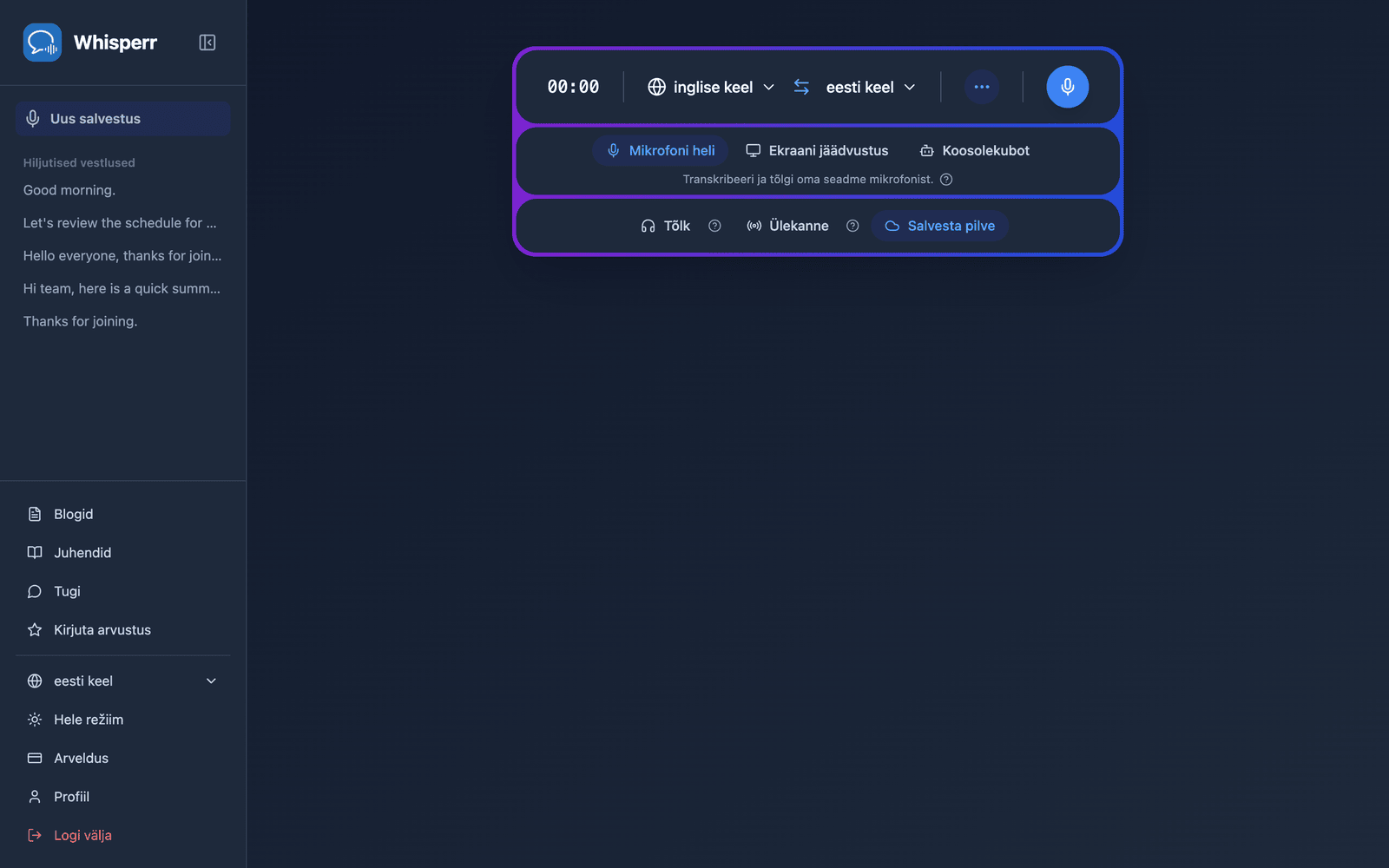 The Whisperr Web App open at app.whisperr.co showing the recording bar