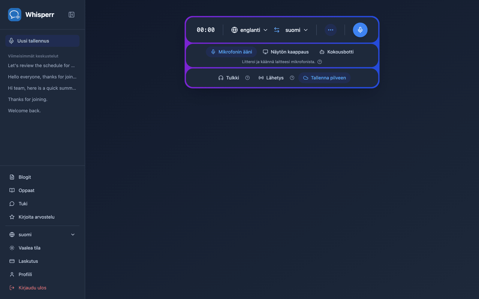 The Whisperr Web App open at app.whisperr.co showing the recording bar