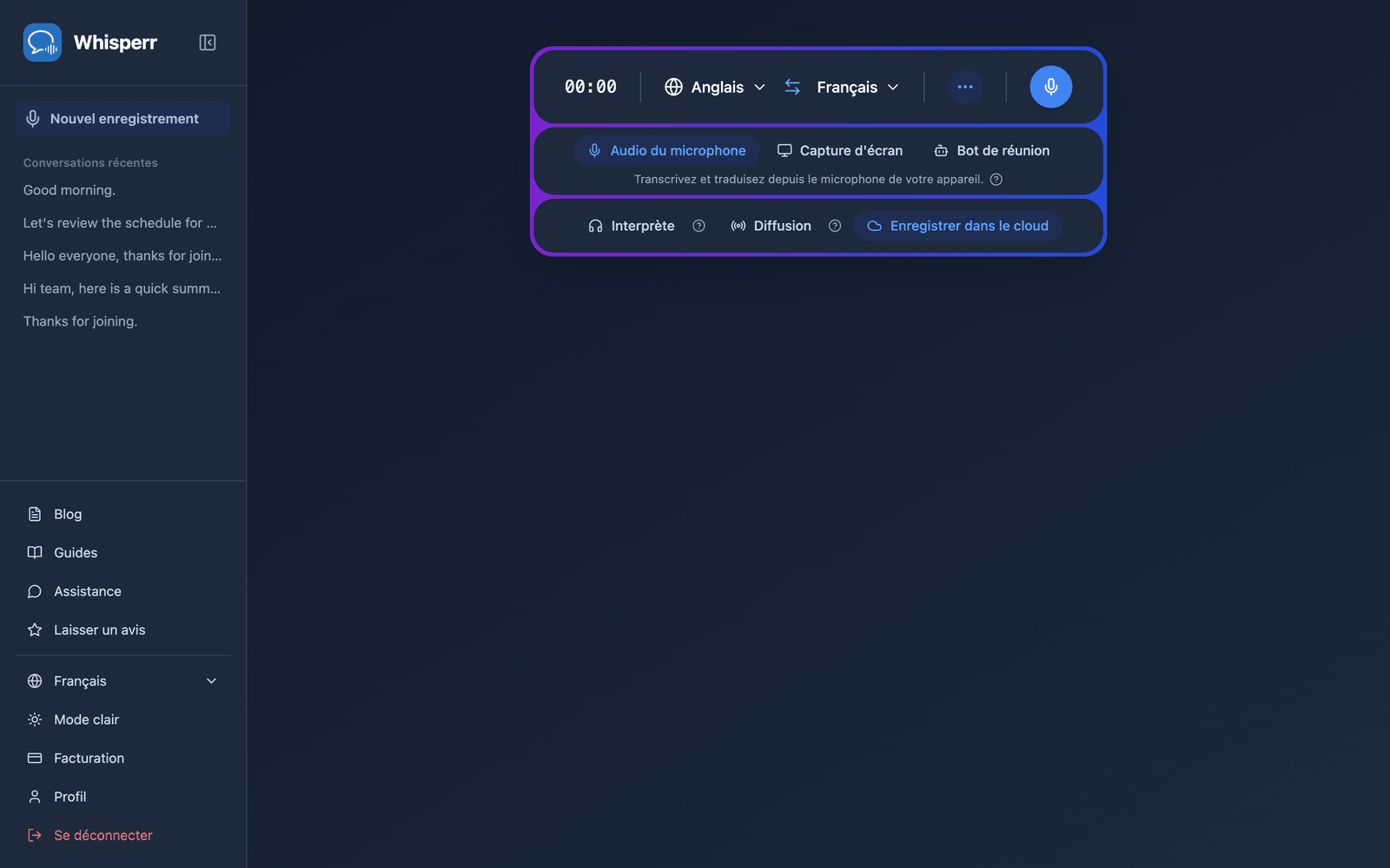 The Whisperr Web App open at app.whisperr.co showing the recording bar